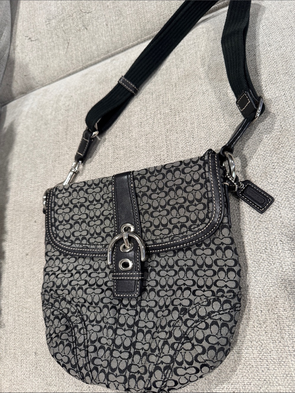 Coach Black and Gray Signature Crossbody Bag with Leather Trim